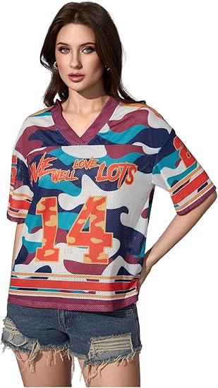 RoseSeek Jersey Shirts for Women Number Graphic Print Mesh Color Block V Neck Short Sleeve Football Jerseys T-Shirt, S