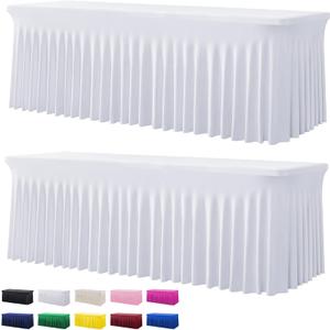 2 Pack White Spandex Tablecloths for 8 Foot Rectangle Tables, Wrinkle Free Stretchy Table Cloth 8ft Fitted Table Cover Desk Skirt for Parties Weddings Birthday Banquet Baby Shower