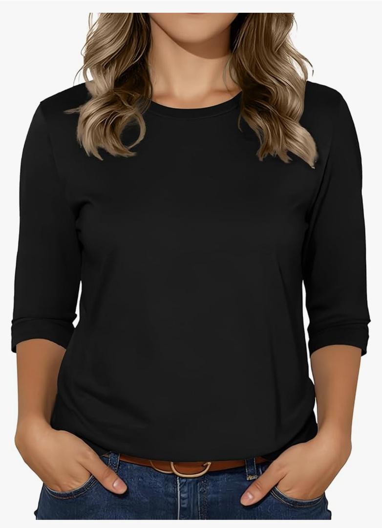 3/4 Sleeve Tops for Women Basic Crew Neck Spring Blouses Casual Fit Fall T Shirts Medium