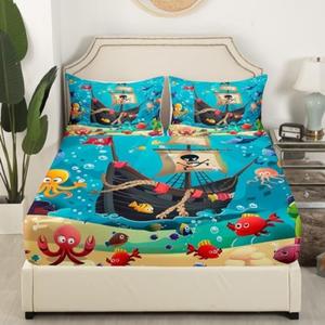 Cartoon Pirate Ship Fitted Sheet Twin Size Marine Adventure Bedding Set Girls Boys Kids Underwater Fish Bed Cover Cute Octopus Jellyfish Bed Sheet,1 Pillowcase(No Flat Sheet) (Black Blue Red)