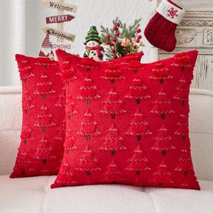 Kevin Textile Christmas Tree Pillow Covers 16x16 Inch Set of 2 Luxury Embroidery Soft Plush Faux Fur Decoration Pillowcases for Couch Sofa Holiday Festivals Winter Xmas Gift