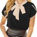 Avanova Women Short Sleeve Blouses Tie Neck Petal Tulip Sleeve Tops Work Business Shirts (Black, XXXL)