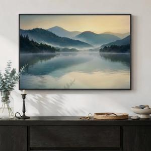 Framed Nature Mountain Lake Landscape Wall Art, Horizontal Foggy Forest Canvas Artwork for Walls, Wilderness Scenery Photography Picture, Peaceful Print for Living Room Dining Room Office, 24x36 Inch