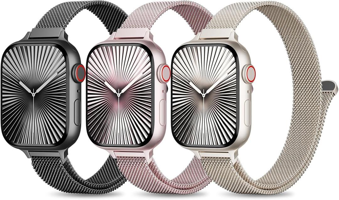 3 Pack Slim Metal Loop Compatible with Apple Watch Band 41mm 40mm 38mm 46mm 45mm 44mm 42mm 49mm Women Men, Thin Stainless Steel Magnetic Strap for iWatch Bands Series 10 9 8 SE 7 6 5 4 3 2 1 Ultra (Black/Rose Pink/Starlight)