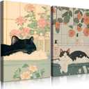 QWETTY666 Black White Cat Bathroom Wall Art Funny Japanese Canvas Wall Decor Cute Cat In Bathtub Painting Print Set of 2 Japandi Restroom Animal Picture Artwork 12x16in Ready to Hang