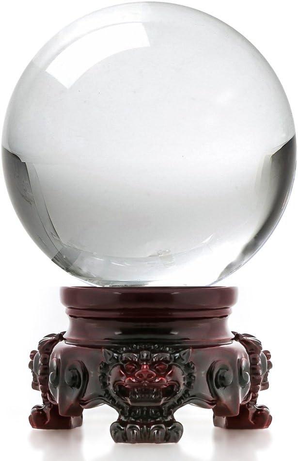 Amlong Crystal 3 inch (80mm) Clear Crystal Ball with Redwood Lion Resin Stand and Gift Box for Decorative Ball, Lensball Photography, Gazing Divination or Feng Shui, and Fortune Telling Ball (Redwood Color Stand)
