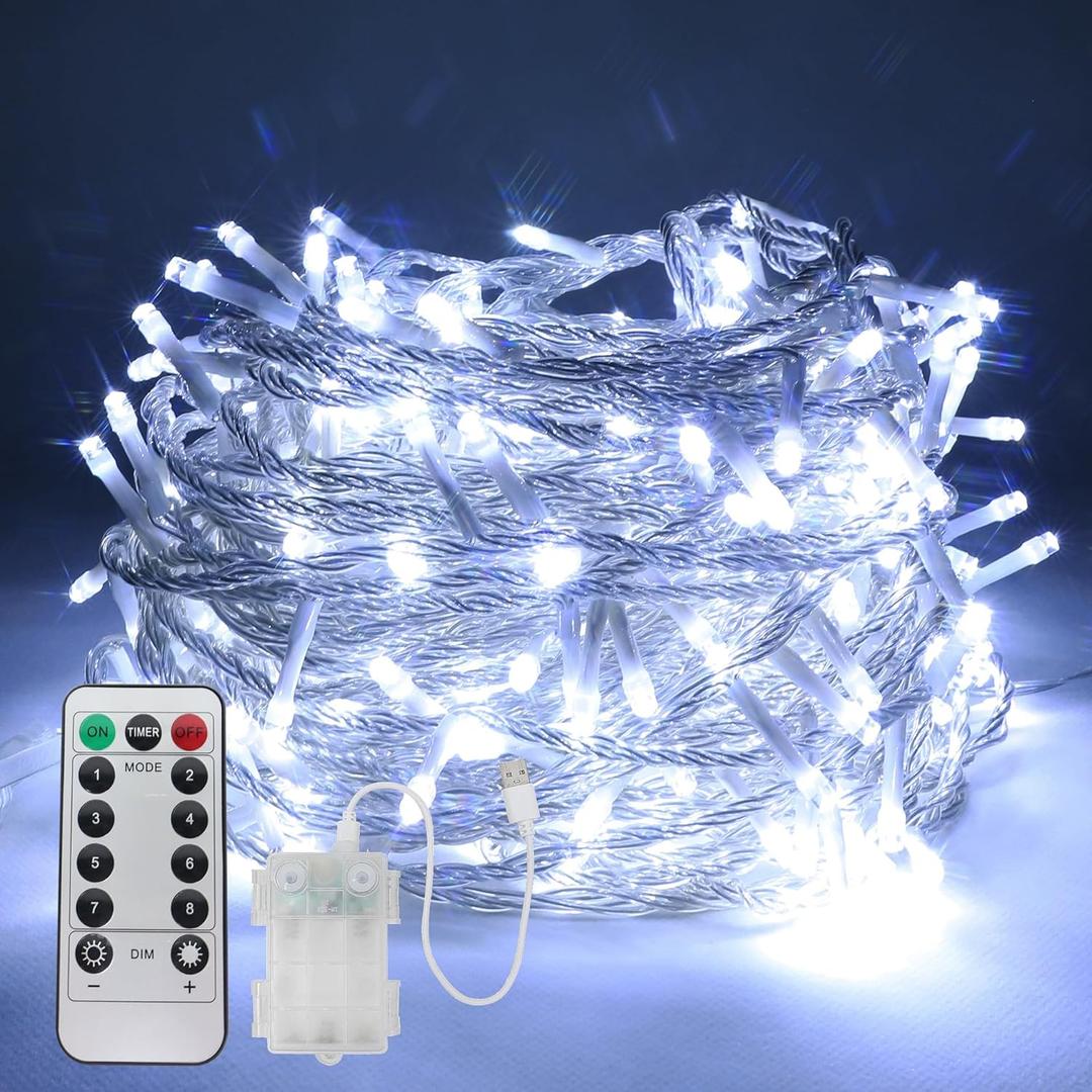 33 FT 100 LED Fairy Lights USB Battery Operated Clear Wire with Remote Control, 8 Modes String Lights with Timer Starry Twinkle Lights for Indoor Bedroom Party Christmas, Cold White