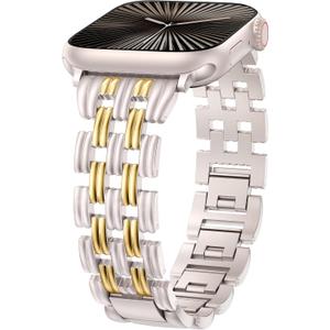 Minyee Compatible with Apple Watch Band Women 42/41/40/38/44/45/46/49mm, Dressy Starlight Gold Shiny Basketweave Designer Stainless Steel Metal Strap for iWatch Series 11 10 9 8 7 6 5 3 2 1 SE Ultra