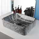 Black Marble Bathroom Vessel Sink With Faucet and Drain 19x15 Inch Rectangular Ceramic Sink Marbling Basin Bowls Above Counter Bowl Sinks for Bathrooms Modern Porcelain Vessel Sinks, Large