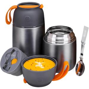 Insulated Thermo Food Jar for Hot & Cold Food for Kids Adult, 17&24 oz Soup Thermal Hot Food Containers for Lunch, Triple Layer Insulation Stainless Steel Food Jar with Spoon (2 Pack Grey)