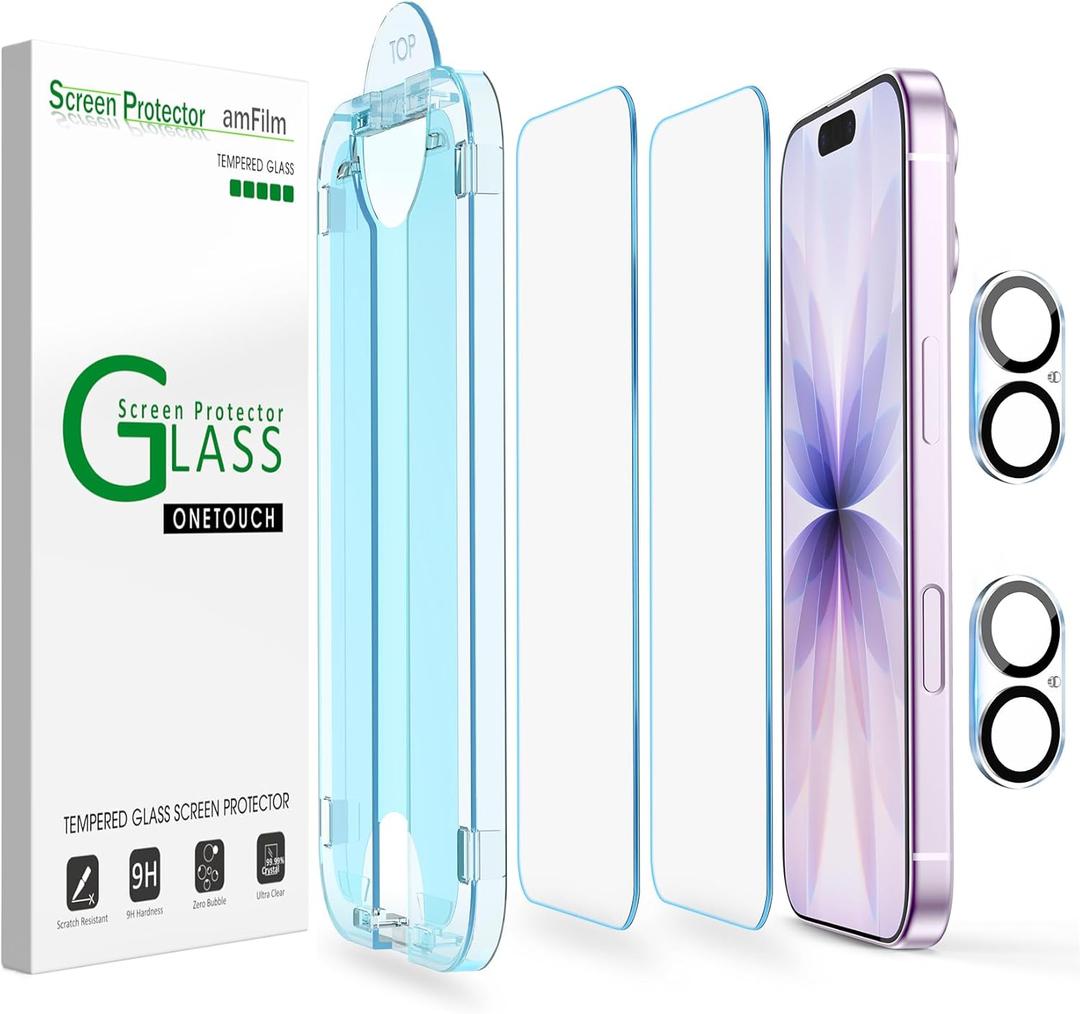 amFilm OneTouch Screen Protector for iPhone 17 6.3'' 2025 + Camera Lens Protector | Auto-Alignment install | Bubble Free | 9H+ Military-Grade Tempered Glass | FHD Clarity | Case Friendly | 2+2 Pack