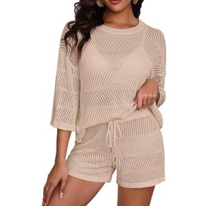 Women's Two Piece Coverup Set - Crochet Beach Cover Ups with Shorts Half Sleeve Swimsuit Bathing Suit Coverups (Large, Beige)