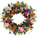WreathDream Spring Summer Wreaths for Front Door Pansy Wreath with Pink Cherry Blossoms,Small Ball Bhrysanthemum for Indoor Outdoor Farmhouse Home Porch Wall Window Festival Wedding Decor