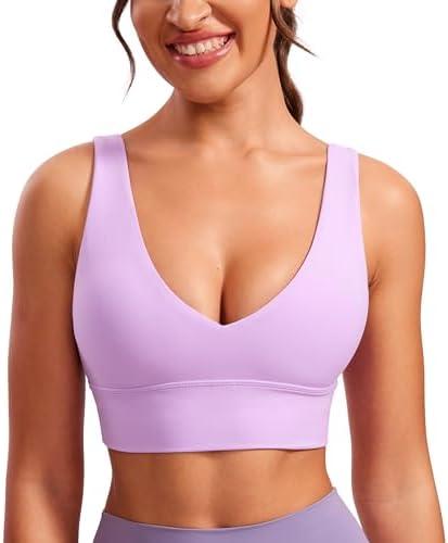 CRZ YOGA Butterluxe Womens V-Neck Longline Sports Bra - Wireless U-Shaped Open Back Yoga Low Impact Padded Crop Topб Size Small, 46