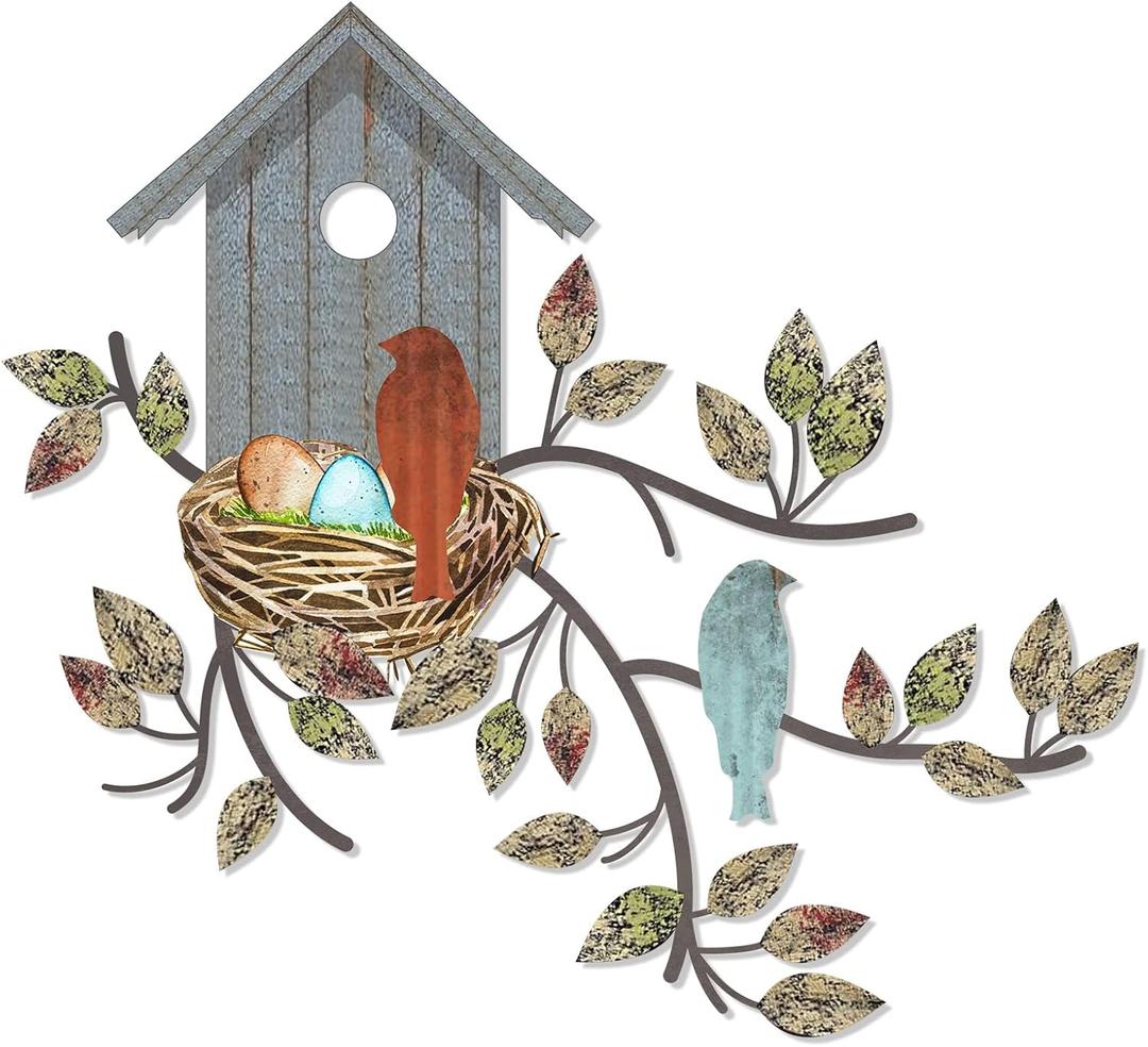 Peryiter Birds Wall Metal Decor for Outdoor Art Hanging Metal Tree with Birdhouse for Living Room Tree Leaf Wall Decor for Indoor Outdoor Garden (Brown, Blue)