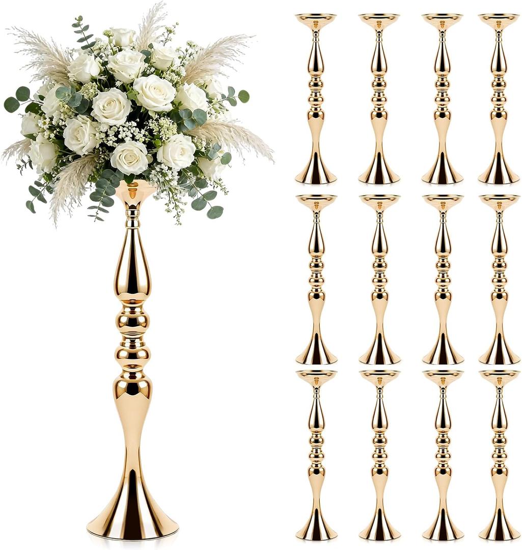 12 Pcs Gold Wedding Centerpieces for Table Decor, Tall Wedding Flower Vases Bulk, Metal Arrangements Center Pieces, Elegant Floral Stands Set for Bridal Party Reception Decorations Anniversary | Tall Gold Wedding Centerpieces
