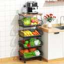 Fruit Vegetable Basket for Kitchen, 5 Tier Stackable Fruit Vegetable Storage Baskets with Wheels, Metal Wire Storage Basket Organizer Baskets for Kitchen, Pantry, Bathroom (Black With Wooden Top)