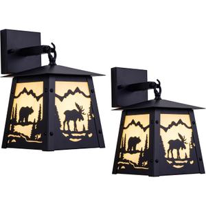 TOCHIC Wall Sconce 2-Pack, Vintage Farmhouse Wall Light Fixtures, Black Outdoor Wall Lamp for Patio with Bear Elk, Rustic Wall Mount Light for Front Door, Bathroom Vanity Light, Porch, Corridor, 7.28 inches x 7.28 inches x 9.64 inches