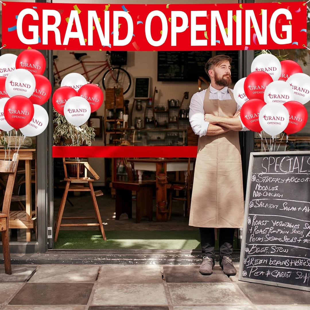 Lewtemi 42 Pieces Grand Opening Decorations Kit Includes 1.5 x 9.8 ft Grand Opening Banner 40 Balloons and Satin Ribbon for Events Inaugurations Ceremonies(Red, White)