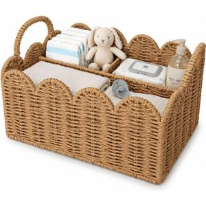 Diaper Caddy Organizer, Paper Rope Storage Baskets Nursery Bin with Removable Divider, Woven Scalloped Portable Car Organizer for Diapers, Baby Shower Gifts, Newborn Essentials Must Haves