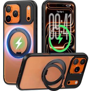 for iPhone 17Pro Max [6.9-Inch], Magnetic Matte Translucent Black Hard Case with 360° Rotatable Invisible Stand, MagSafe Compatible, Shockproof, Drop-Resistant, Anti-Fingerprint