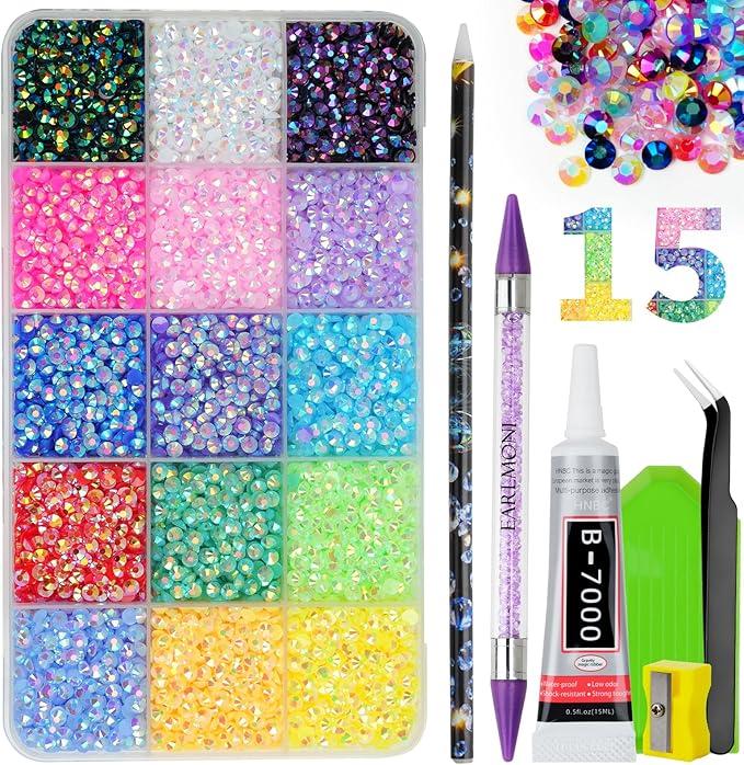 Resin Jelly Rhinestones for Bedazzling, EARLMONI Multi Colord Bedazzler Kit with 15ml B7000 Glue Rhinestone Pen Tool for Clothes Nail Art (15 Colors, 4MM)