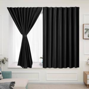Velcro Blackout Curtains for Bedroom 2 Panels with Tiebacks,Black 56" x 10' Inch Length Window Curtains,Room Darkening Drapes,Easy Install Curtains  