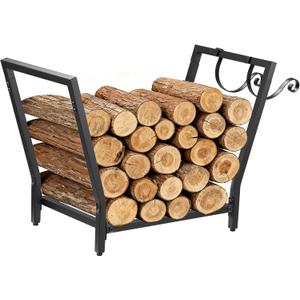 Firewood Rack for Indoor Outdoor Usage, Trapezoid Firewood Holder with 2 Hanging Hooks, Heavy Duty Wood Rack for Outdoor Patio, Black