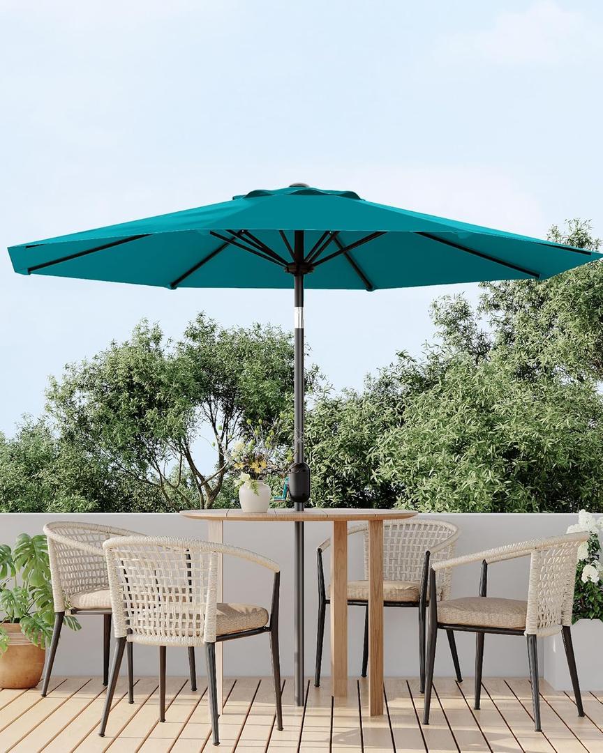 9FT Outdoor Patio Umbrella, Outdoor Table Umbrella, Market Umbrella with Push Button Tilt and Crank, 8 Sturdy Ribs UV Protection Waterproof for Garden, Deck, Backyard, Pool (Turquoise Blue)
