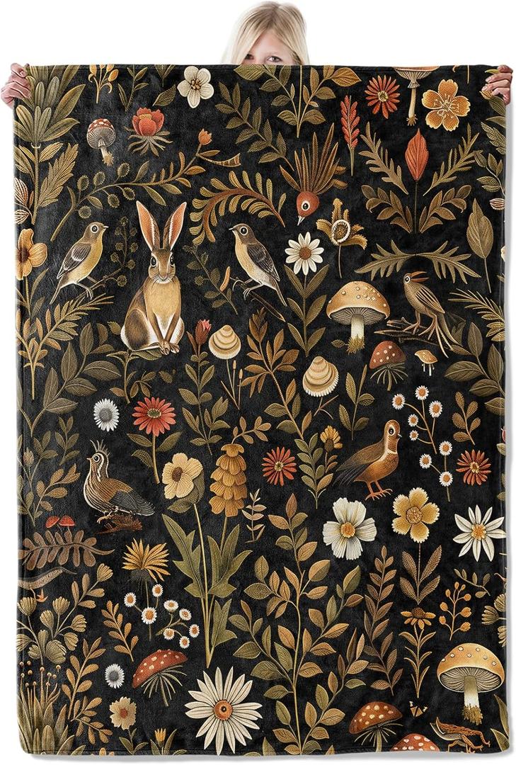 Forest Rabbit Blanket 5060 Inch,Autumn Nature Lightweight Flannel Throw with Woodland Bunny, Birds, Mushrooms and Wildflowers, Cozy Vintage Decor,Gifts for Women,Animal Lovers