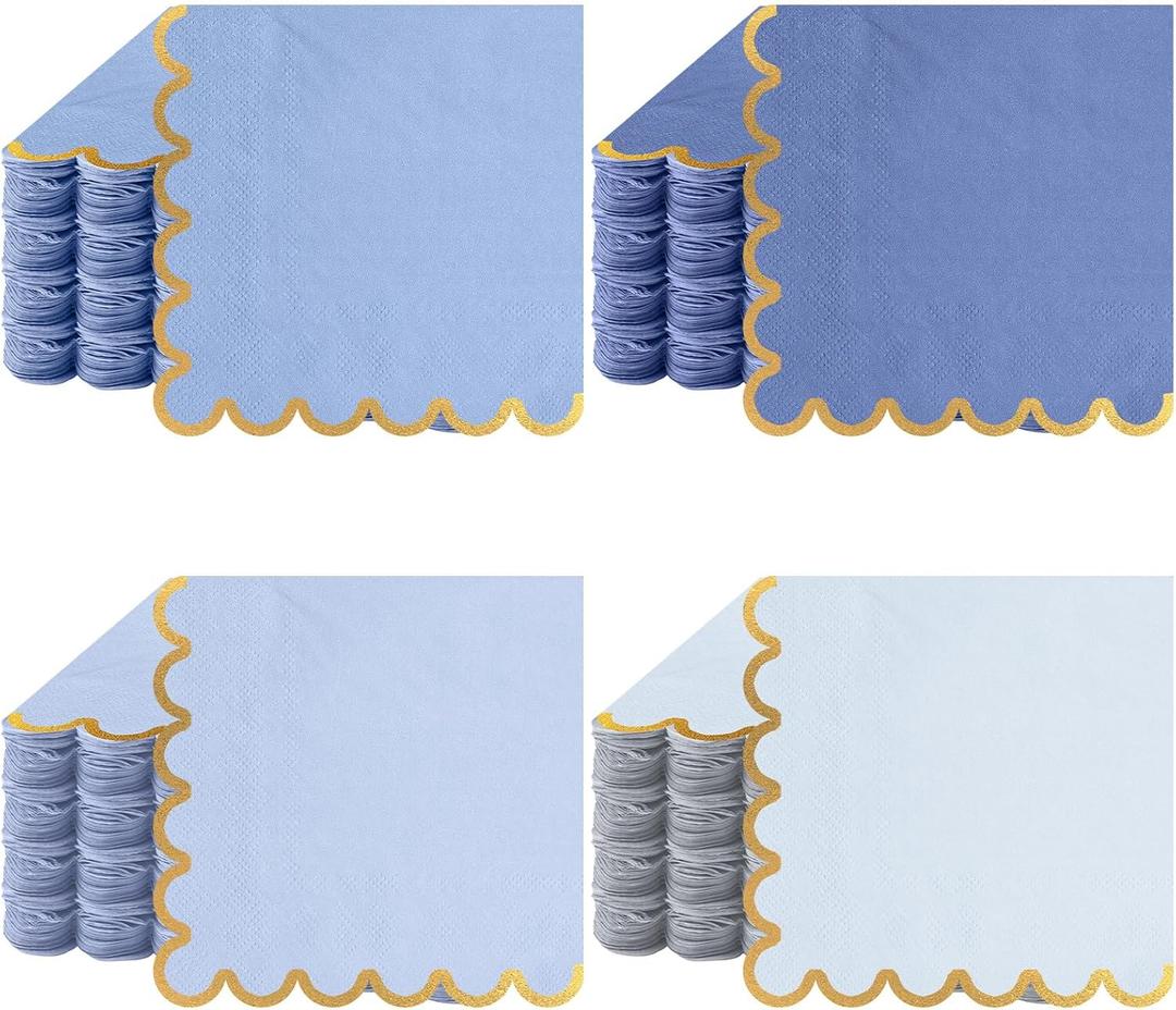 100 Pack Scalloped Cocktail Napkins with Gold Foil Accents Beverage Napkins Scalloped Disposable Paper for Wedding Shower Baby Dinner Birthday Party Supplies 5 x 5''(Blue)