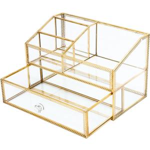 Vintage Gold Makeup Organizer - Glass Makeup Organizer Countertop Organizer for Make-Up Brushes Vanity, Tabletop Organizer Display Case for Bathroom, Vanity, Drawers GJB002 (large)