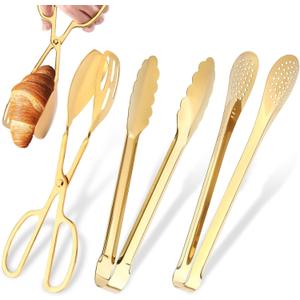 Serving Tongs,Stainless Steel Buffet Tongs, Kitchen Tongs Serving Utensils for Salad Buffet Appetizer Dessert Food Parties Wedding Party Catering, 3 Different Type Food Tongs(Gold)