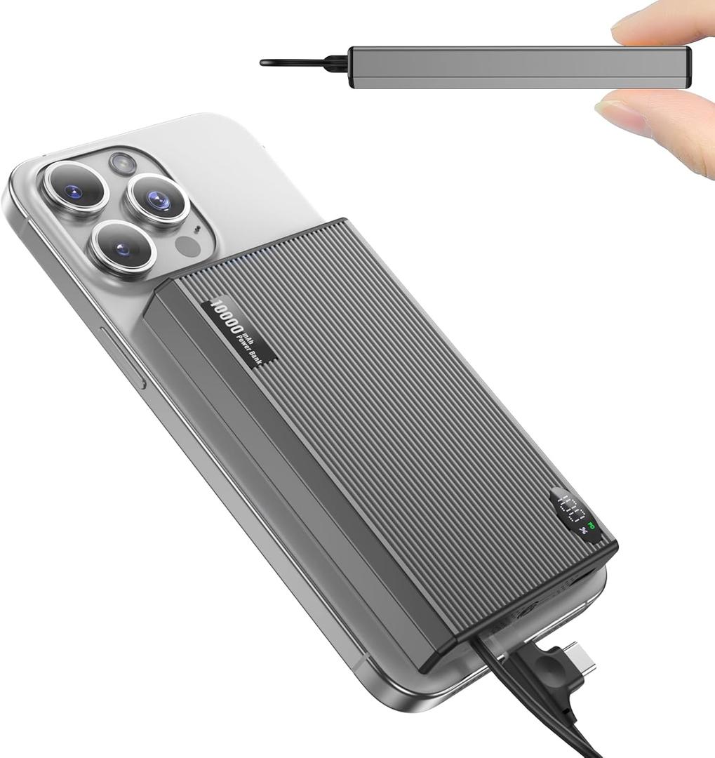 ZBF Magnetic Power Bank 10000mAh Slim Portable Charger with Built in Cables,USB-C Portable Phone Charger PD 20W Fast Charging Mag-Safe Travel Charger for Phone 16 15 14 13 12 Pro Max (Gray)