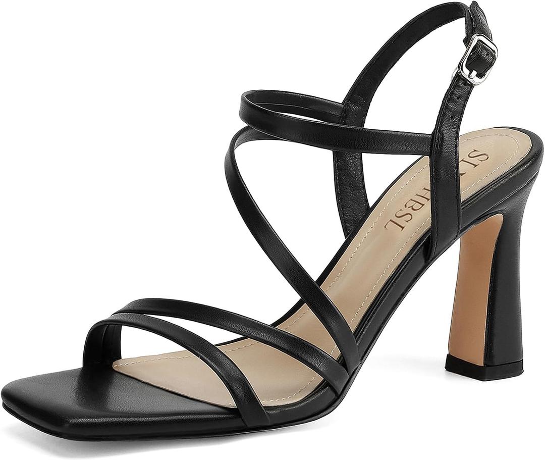 Strappy Heels for Women 3 Inch Chunky Block High Heels Square Open Toe Ankle Strap Dress Sandals for Wedding Prom Party Bridesmaid (Black)