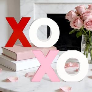 Valentines Day Table Signs Decorations, Wooden XOXO Tabletop Centerpiece Red Pink White Valentine's Day Decorations for Home Tiered Tray Mantel Office
