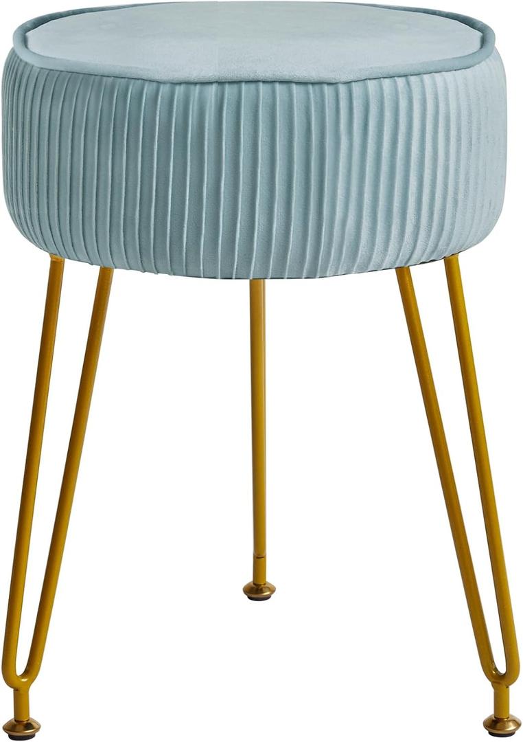 IBUYKE Velvet Round Footrest Stool Ottoman, Makeup Vanity Stool Side Table, Velvet Dressing Table Seat, Pouf Couch Stool, Golden Steel Legs, Blue LG-30H (without storage)