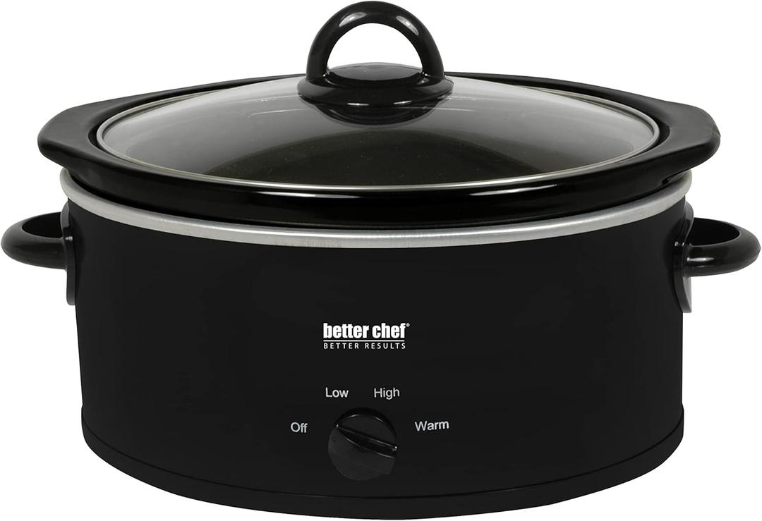 Better Chef Oval Slow Cooker | 3-Quart | 3-Tempature Settings | Side Handles | Glass Lid | Enamel Stoneware Insert (Black)