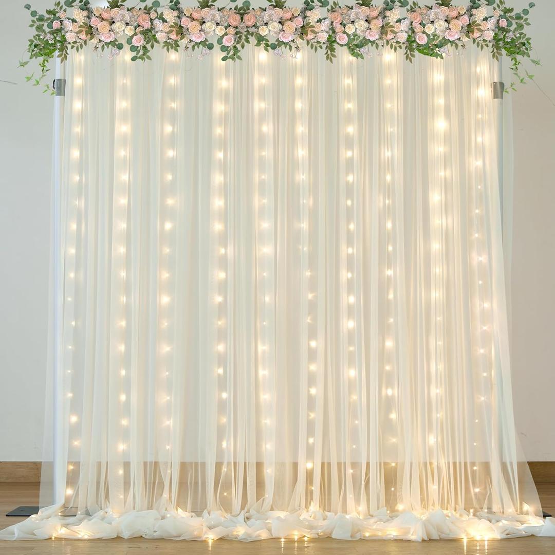 Ivory Sheer Backdrop Curtains with Lights String for Parites Wedding 108ft Tulle Backdrop Curtains for Baby Shower Birthday Party Bridal Shower Christmas Photo Shoot Background Decorations (10ft8ft, Ivory)
