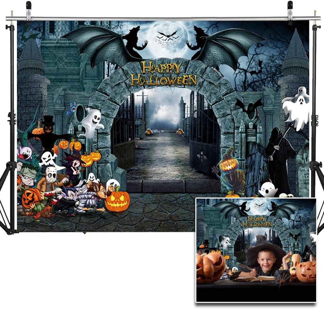 7X5FT Halloween Backdrop Night Scary Castle Pumpkin Moon Bat Graveyard Happy Halloween Party Banner Photography Backdrop Photo Background DH-205