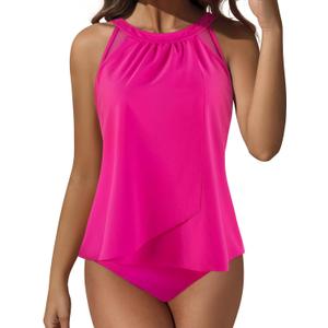 SUUKSESS Women Tummy Control Tankini Bathing Suit Ruffle High Waisted Swimsuit (Medium, 60 Hot Pink)