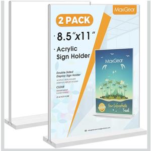 MaxGear Acrylic Sign Holder 8.5x11 Inches 2 Pack, Double Sided Clear Display Stand Table Top Paper Holder, Vertical Menu Flyer Stand, Plastic Frame for Stores, Restaurants, Hotels, Offices