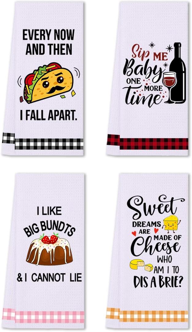 LXOMILL Funny Kitchen Towels, Cute Decorative Dish Towels Sets, Absorbent Waffle Hand Towels, Housewarming Gifts for New Home, Women, Mom, Set of 4, Funny House Warming Presents, Hostess Gifts (4 Pack-food)