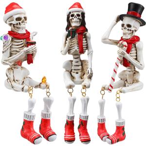 Soulchen 3 Pcs Christmas Skeleton Table Decorations Fiddleable Christmas Skull Figurines 7.5" Tall Tabletop Decorations for Party Indoor Outdoor Fireplace Home Kitchen Office