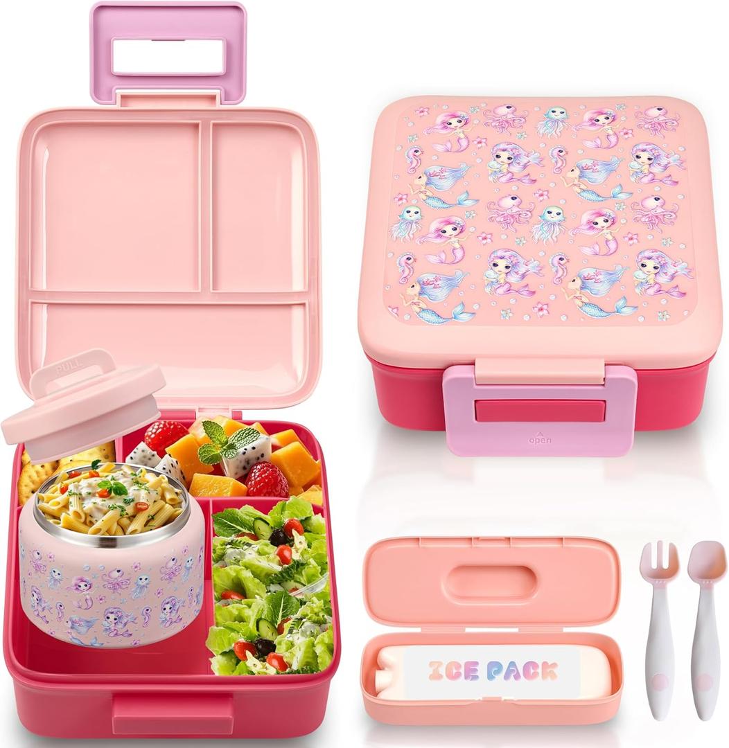 Bento Lunch Box for Kids with 8oz Soup Thermo Leak-Proof Lunch Food Containers with Snack Sauce Container for Kid Girls Boys to School (Pink Mermaid)