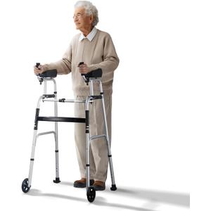 VEVOR 2 in 1 Folding Walker & Removable Armrests, Height Adjustable Foldable Walker with 5" Solid Wheels, Lightweight Aluminum | Front Wheeled Mobility Aid for Elderly Handicapped Disabled, 450 Pounds
