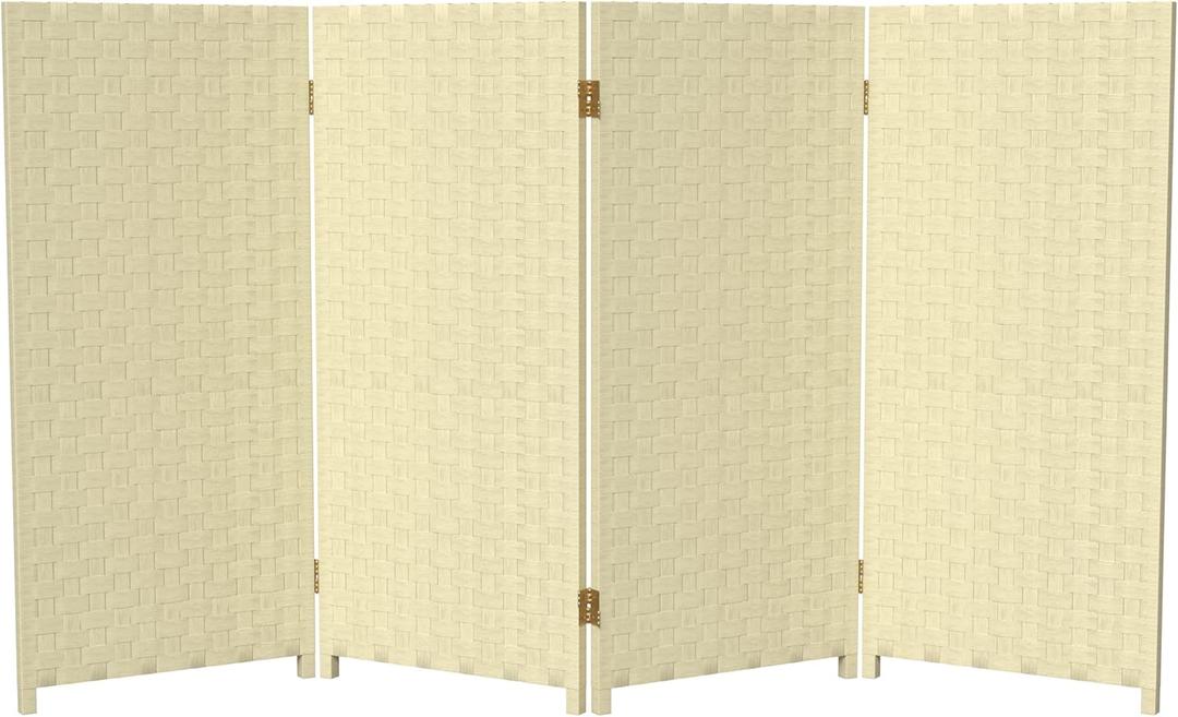 Red Lantern 3 ft. Short Woven Fiber Folding Screen - 4 Panel - Cream