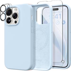 GONEZ for iPhone 14 Pro Case, Compatible with Magsafe, with Screen Protector + Camera Lens Protector, Soft Anti-Scratch Microfiber Lining, Shockproof Liquid Silicone Phone Cover, Blue