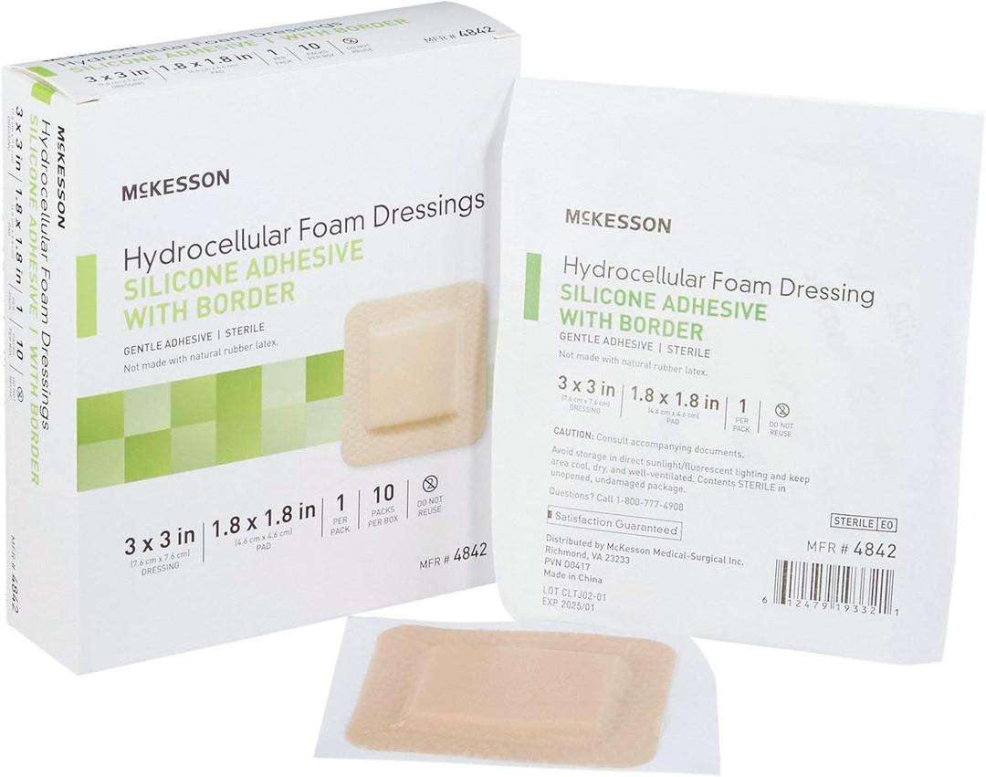 McKesson Hydrocellular Foam Dressings, Sterile, Silicone Adhesive with Border, Dimension 3 in x 3 in, Pad 1 4/5 in x 1 4/5 in, 10 Count, 1 Pack