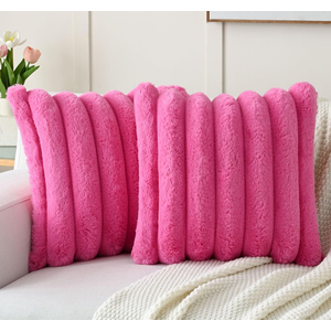 FUTEI Valentine's Day Hot Pink Decorative Throw Pillow Covers 20x20 Inch Set of 2, Square Soft Faux Rabbit Fur Thick Striped Cushion Cover,Winter Home Decor for Couch Bed Living Room